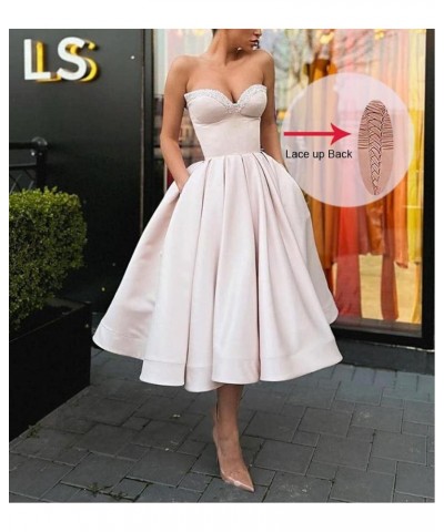 Sweetheart Strapless Short Homecoming Dresses Satin A-line Prom Party Gowns with Pockets White $33.37 Dresses