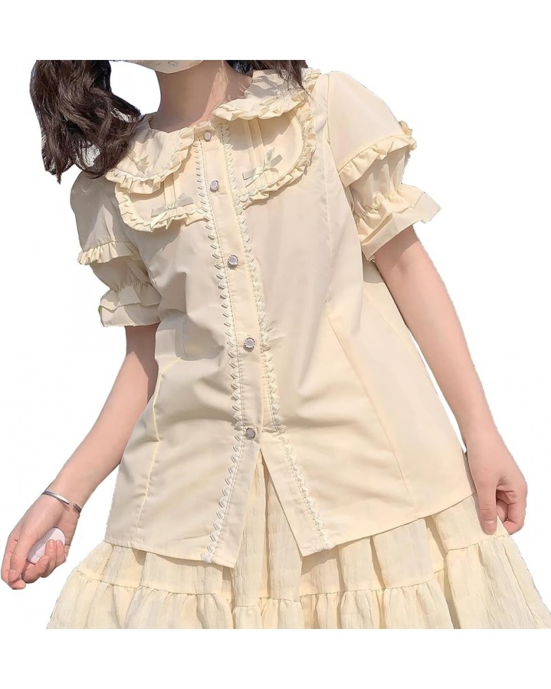 Women's Sweet Princess Blouse Tops Pan Collar Lace Ruffle Buttons Down Shirt F-apricot $11.20 Blouses