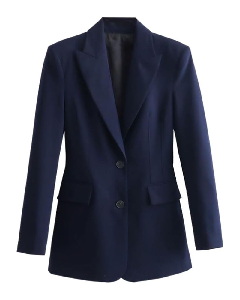 Autumn Office Lady Slim Suits Quilting Decoration One-Button Notched Collar Flap Pockets Blazer Women Top Deep Blue $31.20 Suits