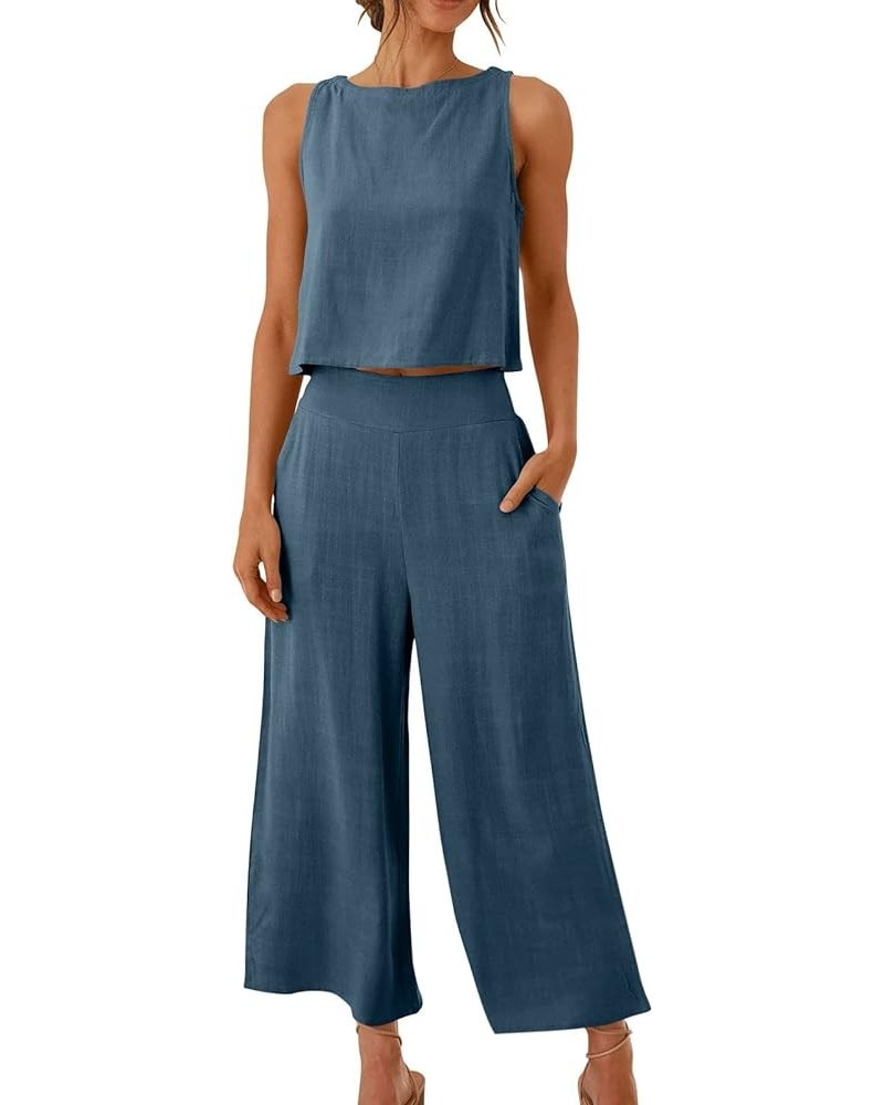 2 Piece Outfits for Women Summer Linen Tank Crop Tops Wide Leg Pants Sets Dressy Vacation Outfits with Pockets B-dark Gray $7...