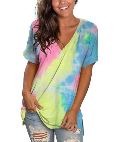 Women's V Neck T Shirts Short Sleeve Side Split Summer Casual Tops A-tie Dye Rainbow $16.81 T-Shirts