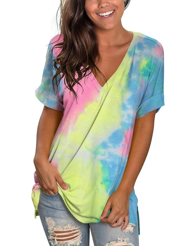 Women's V Neck T Shirts Short Sleeve Side Split Summer Casual Tops A-tie Dye Rainbow $16.81 T-Shirts