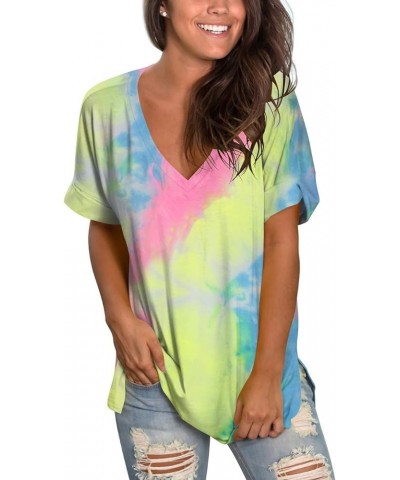 Women's V Neck T Shirts Short Sleeve Side Split Summer Casual Tops A-tie Dye Rainbow $16.81 T-Shirts