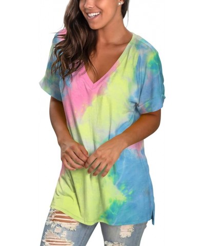 Women's V Neck T Shirts Short Sleeve Side Split Summer Casual Tops A-tie Dye Rainbow $16.81 T-Shirts