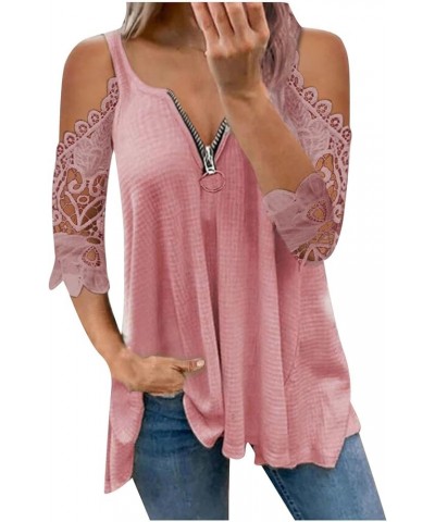 Summer Shirts for Women Trendy Short Sleeve Tunic Tops Casual Sexy Zipper V Neck T-Shirt Cold Shoulder Baggy Blouses Pink $8....