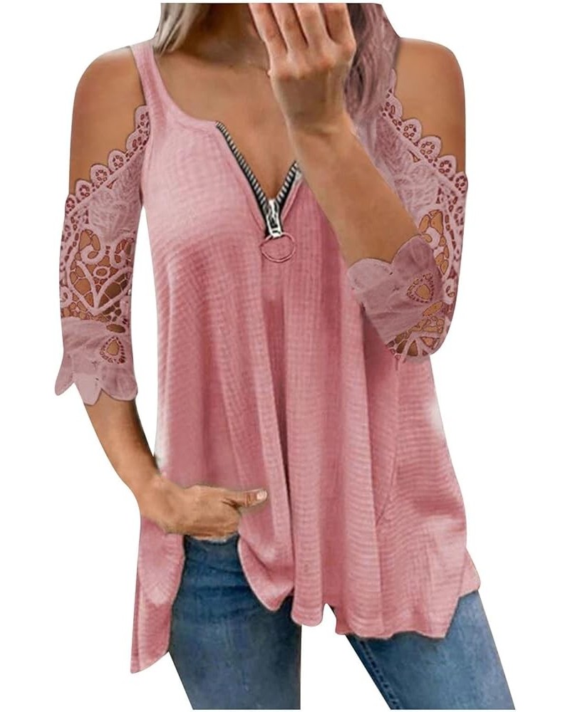 Summer Shirts for Women Trendy Short Sleeve Tunic Tops Casual Sexy Zipper V Neck T-Shirt Cold Shoulder Baggy Blouses Pink $8....