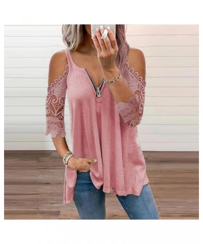 Summer Shirts for Women Trendy Short Sleeve Tunic Tops Casual Sexy Zipper V Neck T-Shirt Cold Shoulder Baggy Blouses Pink $8....