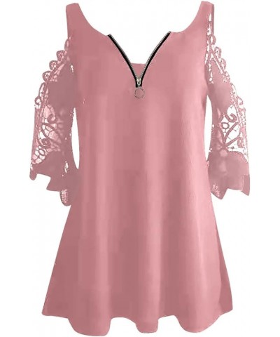 Summer Shirts for Women Trendy Short Sleeve Tunic Tops Casual Sexy Zipper V Neck T-Shirt Cold Shoulder Baggy Blouses Pink $8....