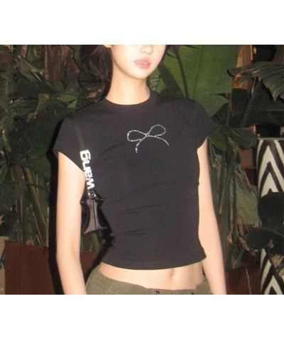 Women Short Sleeve Bow Baby Tees Y2k Round Neck Slim Fit Crop Tops 00s Sweet Cute Fairy Tshirt Going Out Outfits S-black Nine...