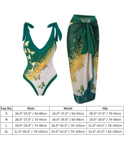 Women's One Piece Swimsuit with Beach Cover up Wrap Skirt Sarong Retro Floral Print Bikini Set Two Piece Bathing Suit Green B...