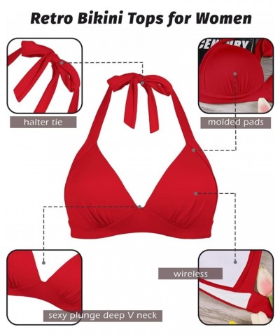 Women's Vintage 50s Halter Neck Tie Knot Back Soft Molded Padding Bikini Top Swimsuit Bathing Suit Tops Only Red $10.00 Swims...