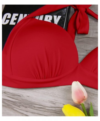 Women's Vintage 50s Halter Neck Tie Knot Back Soft Molded Padding Bikini Top Swimsuit Bathing Suit Tops Only Red $10.00 Swims...