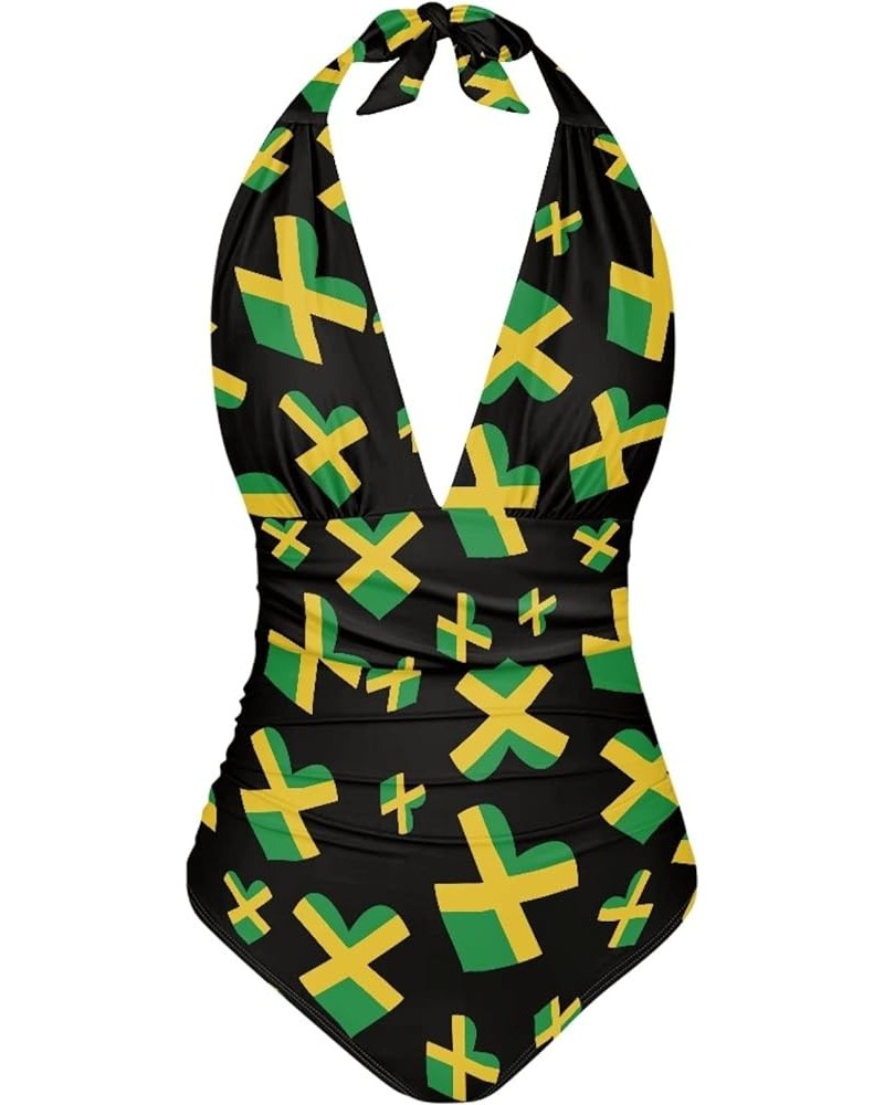 Womens Tummy Control Bathing Suit Sexy One Piece Swimsuits Slimming Halter Ruched Swimwear Jamaica Flag $17.97 Swimsuits