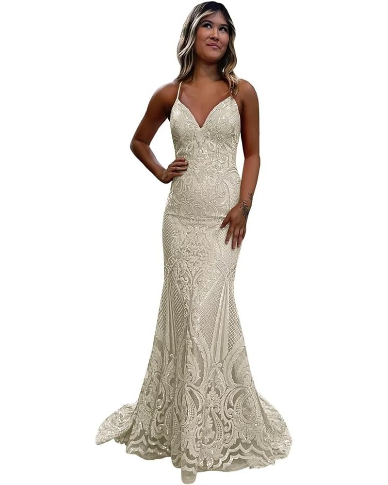 Sequin Prom Dresses Lace Long with Slit V-Neck Sleeveless Formal Evening Party Gown Sage Green $35.69 Dresses