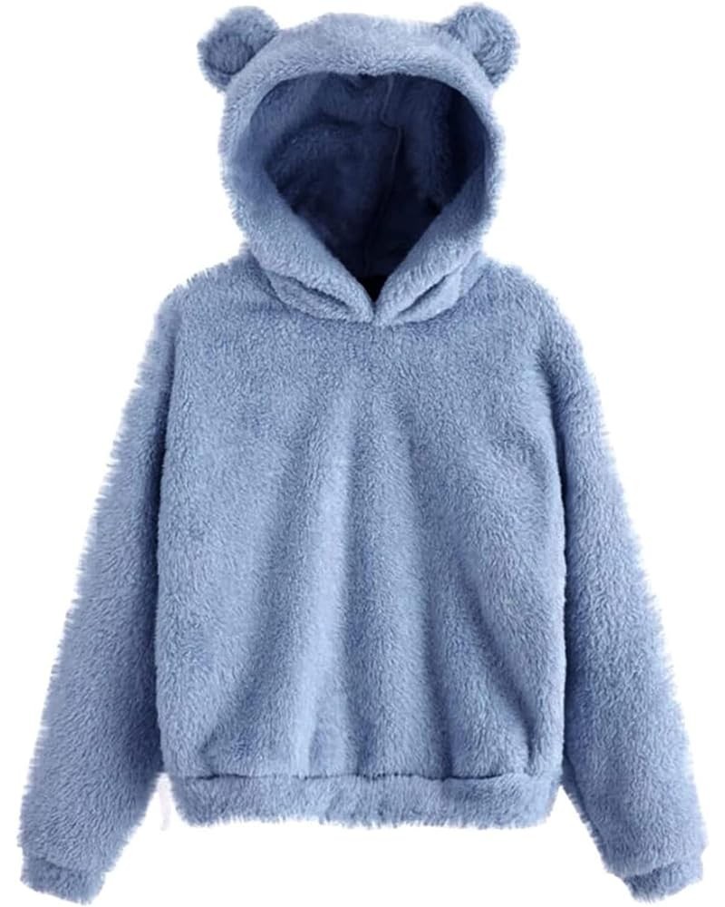 Oversized Sherpa Jacket for Women Fuzzy Fleece Cute Teddy Bear Print Coat Zip Long Sleeve Hooded Outwear with Pocket Z8-blue ...