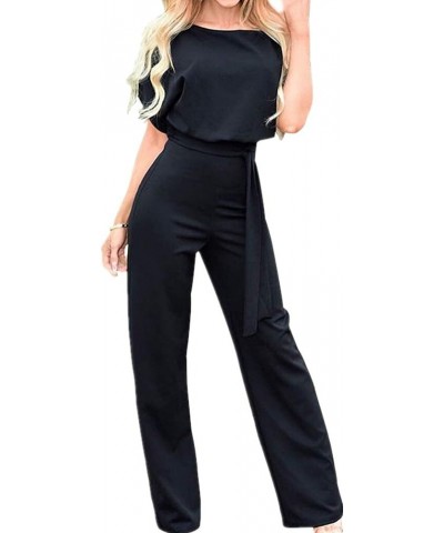 Women Summer Casual Solid Short Sleeve Wide Leg Jumpsuits Rompers Overalls Party Club Pants Black $20.82 Jumpsuits