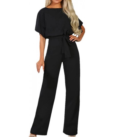 Women Summer Casual Solid Short Sleeve Wide Leg Jumpsuits Rompers Overalls Party Club Pants Black $20.82 Jumpsuits