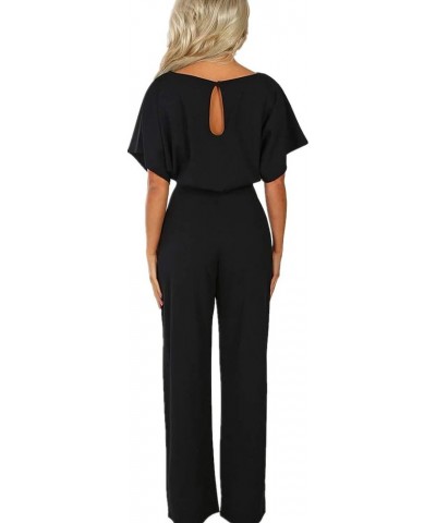 Women Summer Casual Solid Short Sleeve Wide Leg Jumpsuits Rompers Overalls Party Club Pants Black $20.82 Jumpsuits