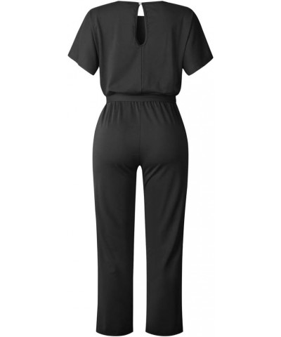 Women Summer Casual Solid Short Sleeve Wide Leg Jumpsuits Rompers Overalls Party Club Pants Black $20.82 Jumpsuits