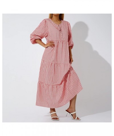 Women Y2k Puff Long Sleeve Ruffle Dress Pleated Maxi Long Swing Dress Loose Fit Elegant Tiered Dresses Beach Wear H-red $15.4...