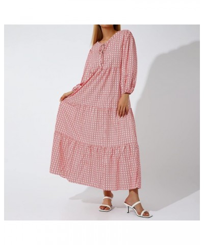 Women Y2k Puff Long Sleeve Ruffle Dress Pleated Maxi Long Swing Dress Loose Fit Elegant Tiered Dresses Beach Wear H-red $15.4...