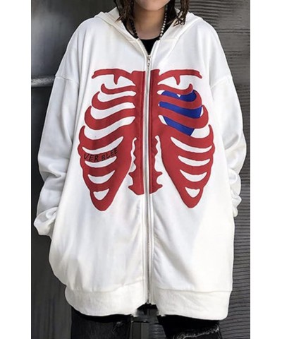 Women Oversized Zip Up Hoodie Fashion Long Sleeve Graphic Skeleton Sweatshirt Cool Outwear White-1 $16.32 Hoodies & Sweatshirts