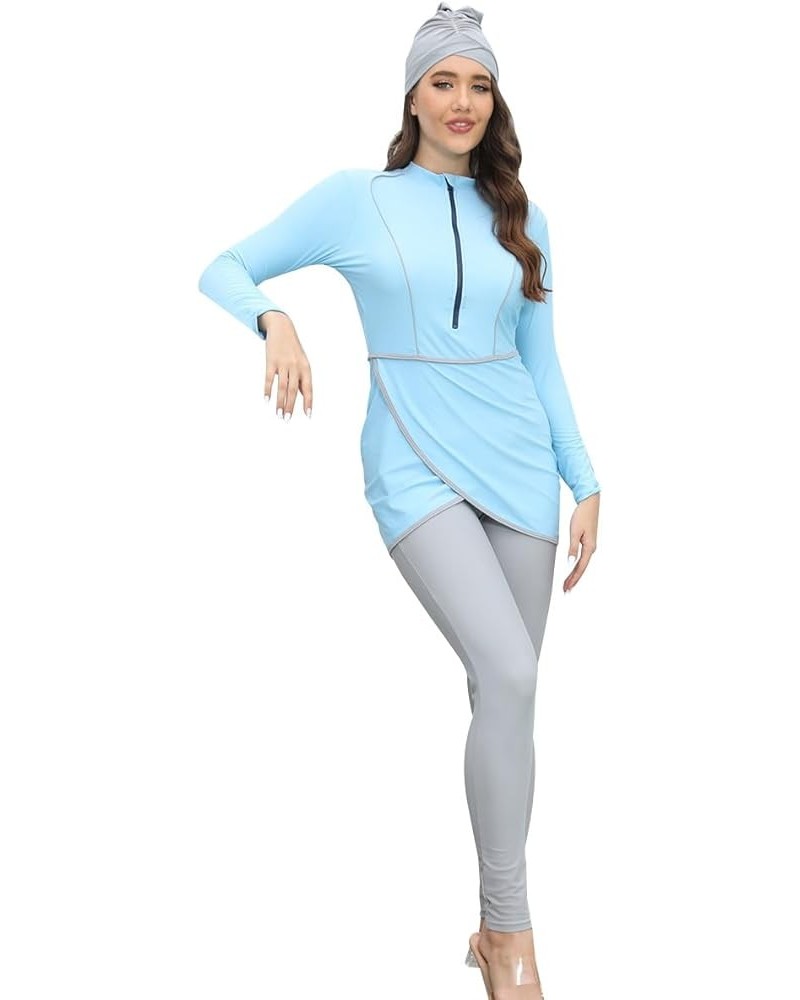 Womens' Muslim Burkini Swimsuits Modest Swimwear Islamic Long Sleeve Full Cover Hijab Top Pants ​Bathing Suit Light Blue $17....