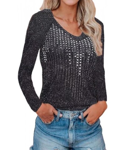 Autumn and Winter Sweater Slim Long Sleeve Nightclub Sequins Knit V-Neck Top for Women (Color : Black, Size : S) 3X-Large Bla...