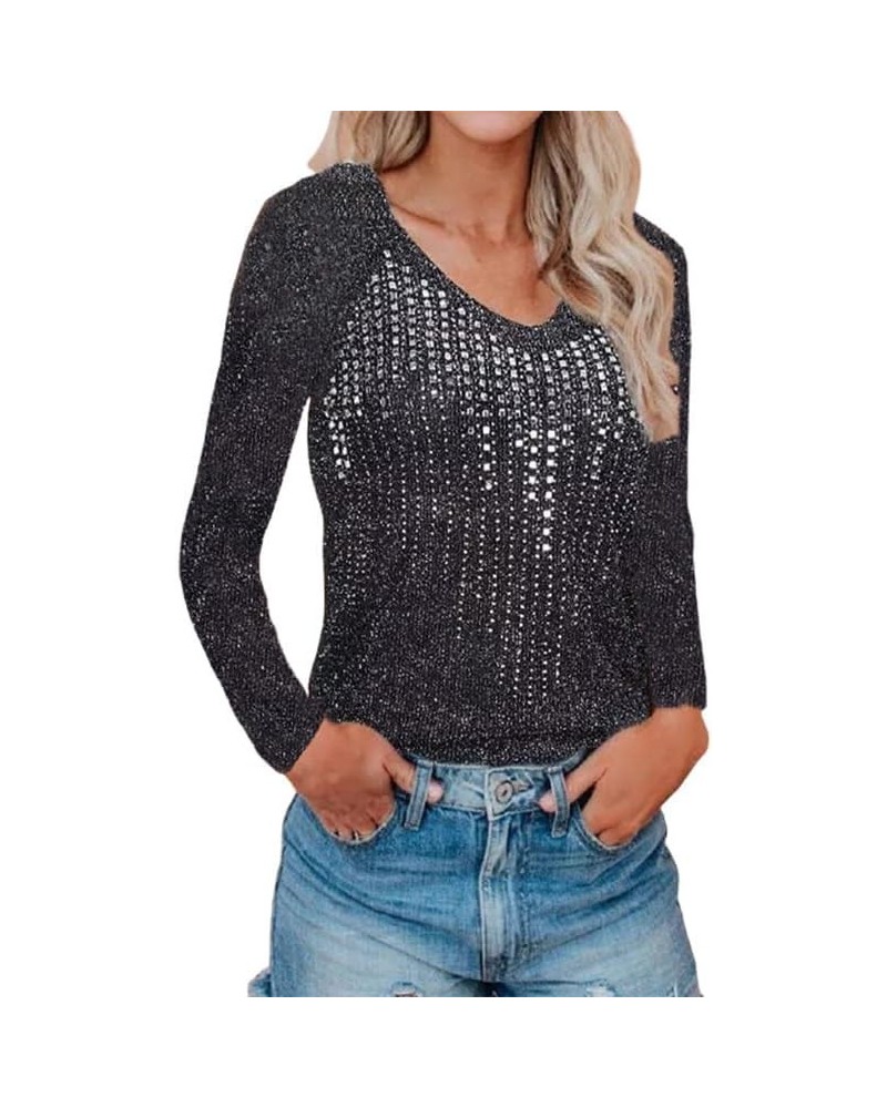 Autumn and Winter Sweater Slim Long Sleeve Nightclub Sequins Knit V-Neck Top for Women (Color : Black, Size : S) 3X-Large Bla...