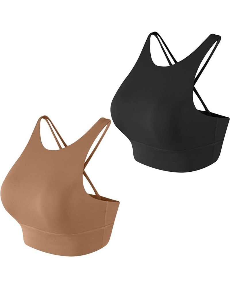 High Neck Longline Sports Bras for Women Sewn-in Pads High Coverage Sports Bra for Yoga Gym Fitness Workout Crop Tops A4-2pac...