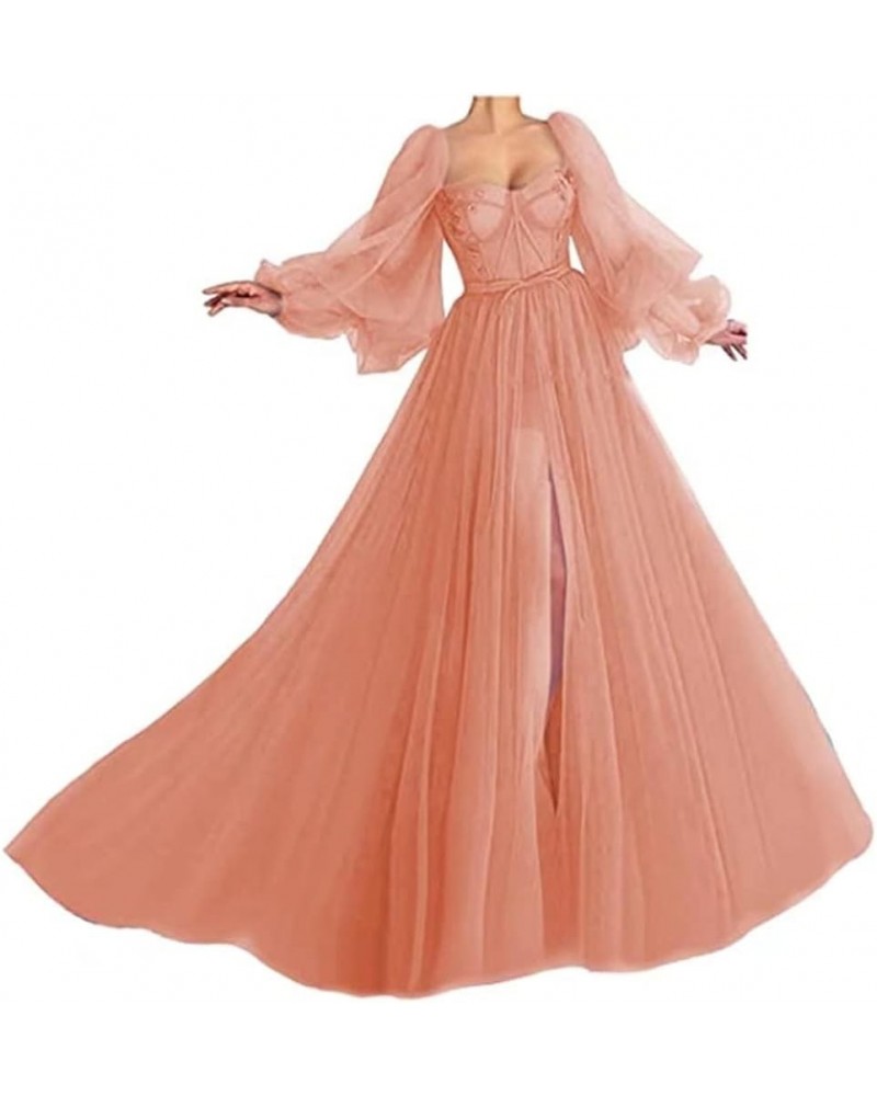 Puffy Sleeve Prom Dress Long Sweetheart Tulle Ball Gown Junior Princess Wedding Formal Evening Gowns with Split Blush $41.33 ...