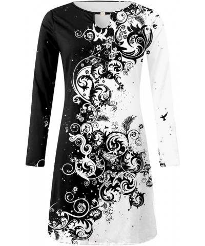 Women's Homecoming Dresses 2023 Casual Comfortable Print Long-Sleeve Chest Hollow Big Swing Dress, S-3XL Silver $8.66 Dresses