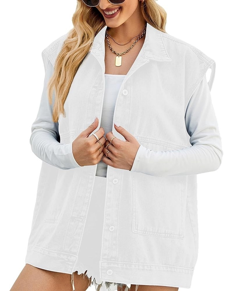 Women's Hooded Denim Jean Vest Sleeveless Lapel Button Down Vests with Hoodie Pockets White $12.00 Vests