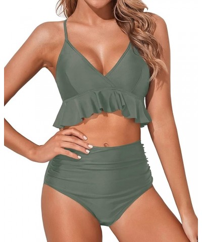 Women Two Piece Swimsuits High Waisted Bikini Set Ruffle Flounce Tummy Control Bottoms Bathing Suit Olive Green $15.48 Swimsuits