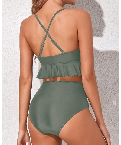 Women Two Piece Swimsuits High Waisted Bikini Set Ruffle Flounce Tummy Control Bottoms Bathing Suit Olive Green $15.48 Swimsuits