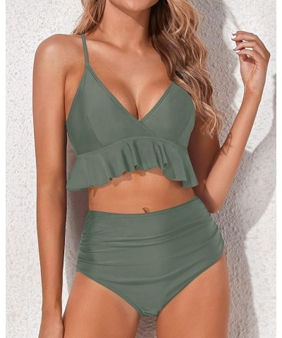 Women Two Piece Swimsuits High Waisted Bikini Set Ruffle Flounce Tummy Control Bottoms Bathing Suit Olive Green $15.48 Swimsuits