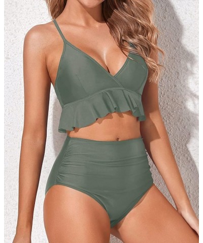 Women Two Piece Swimsuits High Waisted Bikini Set Ruffle Flounce Tummy Control Bottoms Bathing Suit Olive Green $15.48 Swimsuits