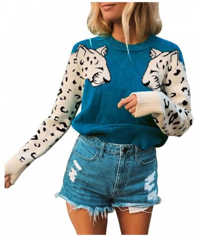 Womens Casual Knitted Tiger Leopard Print Long Sleeve Sweater Jumper Crop Top Pullover 1-peacock Blue $22.50 Sweaters