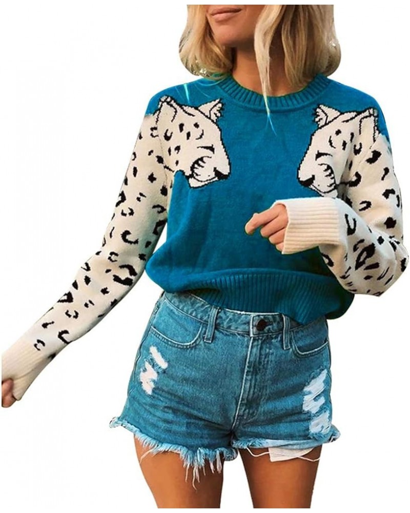 Womens Casual Knitted Tiger Leopard Print Long Sleeve Sweater Jumper Crop Top Pullover 1-peacock Blue $22.50 Sweaters