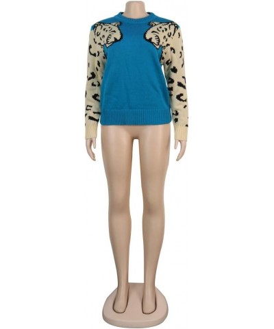 Womens Casual Knitted Tiger Leopard Print Long Sleeve Sweater Jumper Crop Top Pullover 1-peacock Blue $22.50 Sweaters