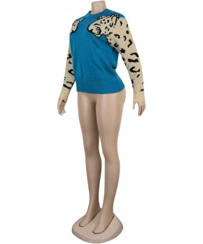 Womens Casual Knitted Tiger Leopard Print Long Sleeve Sweater Jumper Crop Top Pullover 1-peacock Blue $22.50 Sweaters