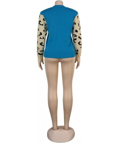 Womens Casual Knitted Tiger Leopard Print Long Sleeve Sweater Jumper Crop Top Pullover 1-peacock Blue $22.50 Sweaters