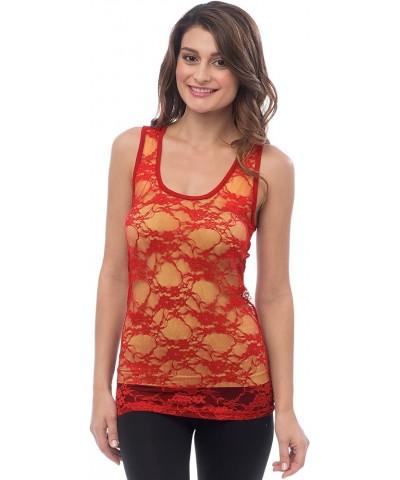 Womens Sheer Nylon Stretch Lace Racerback Tank Top Sexy Tops for Women Red $10.19 Tanks