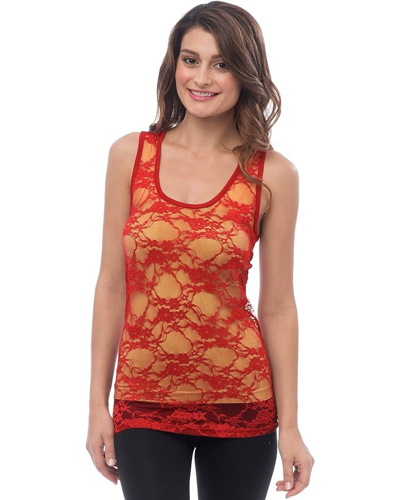 Womens Sheer Nylon Stretch Lace Racerback Tank Top Sexy Tops for Women Red $10.19 Tanks