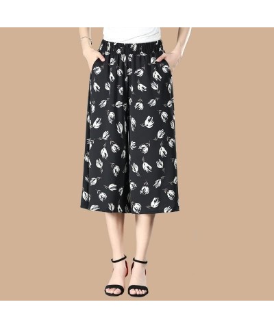 Culottes for Women - Gaucho Pants for Women Wide Leg Chiffon Culottes Knee Length with High Elasticated Waist (H) H $10.07 Pants