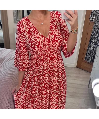 Casual Print V-Neck Waist Wrap Long Dress,Summer Dress with 3/4 Sleeve Dress,Floral Wrap Dress Black $13.19 Dresses