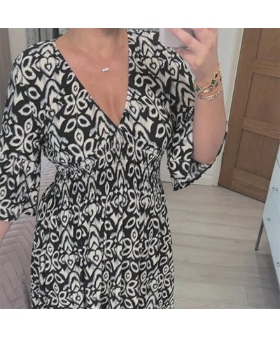 Casual Print V-Neck Waist Wrap Long Dress,Summer Dress with 3/4 Sleeve Dress,Floral Wrap Dress Black $13.19 Dresses