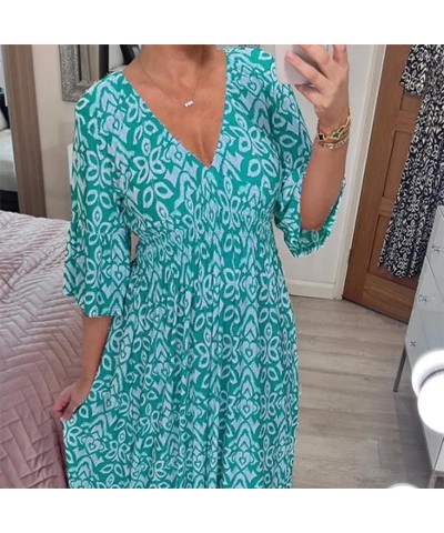 Casual Print V-Neck Waist Wrap Long Dress,Summer Dress with 3/4 Sleeve Dress,Floral Wrap Dress Black $13.19 Dresses