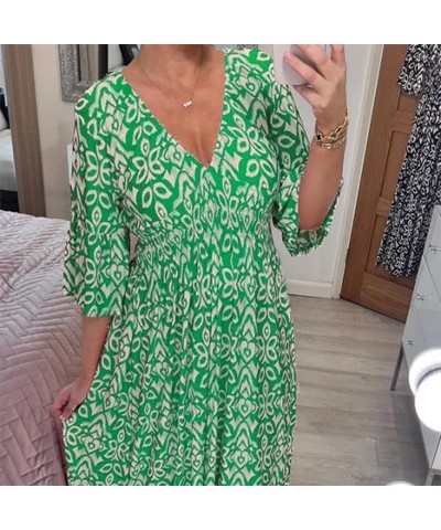 Casual Print V-Neck Waist Wrap Long Dress,Summer Dress with 3/4 Sleeve Dress,Floral Wrap Dress Black $13.19 Dresses