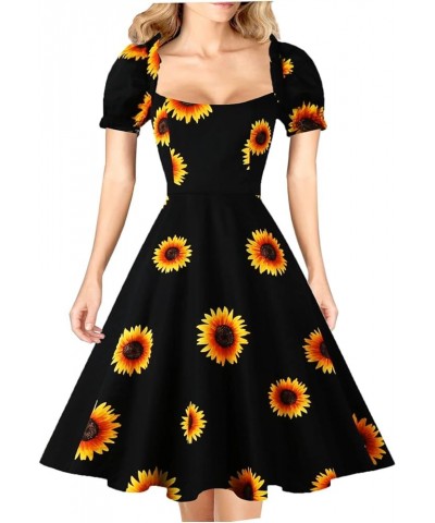 Women's Puff Short Sleeve 1950s Party Dresses Square Neck Aline Dress with Pockets Z-sunflower $12.97 Dresses